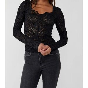 Intimately Free People Cloud Ride Notch Long Sleeve Black Sheer Small